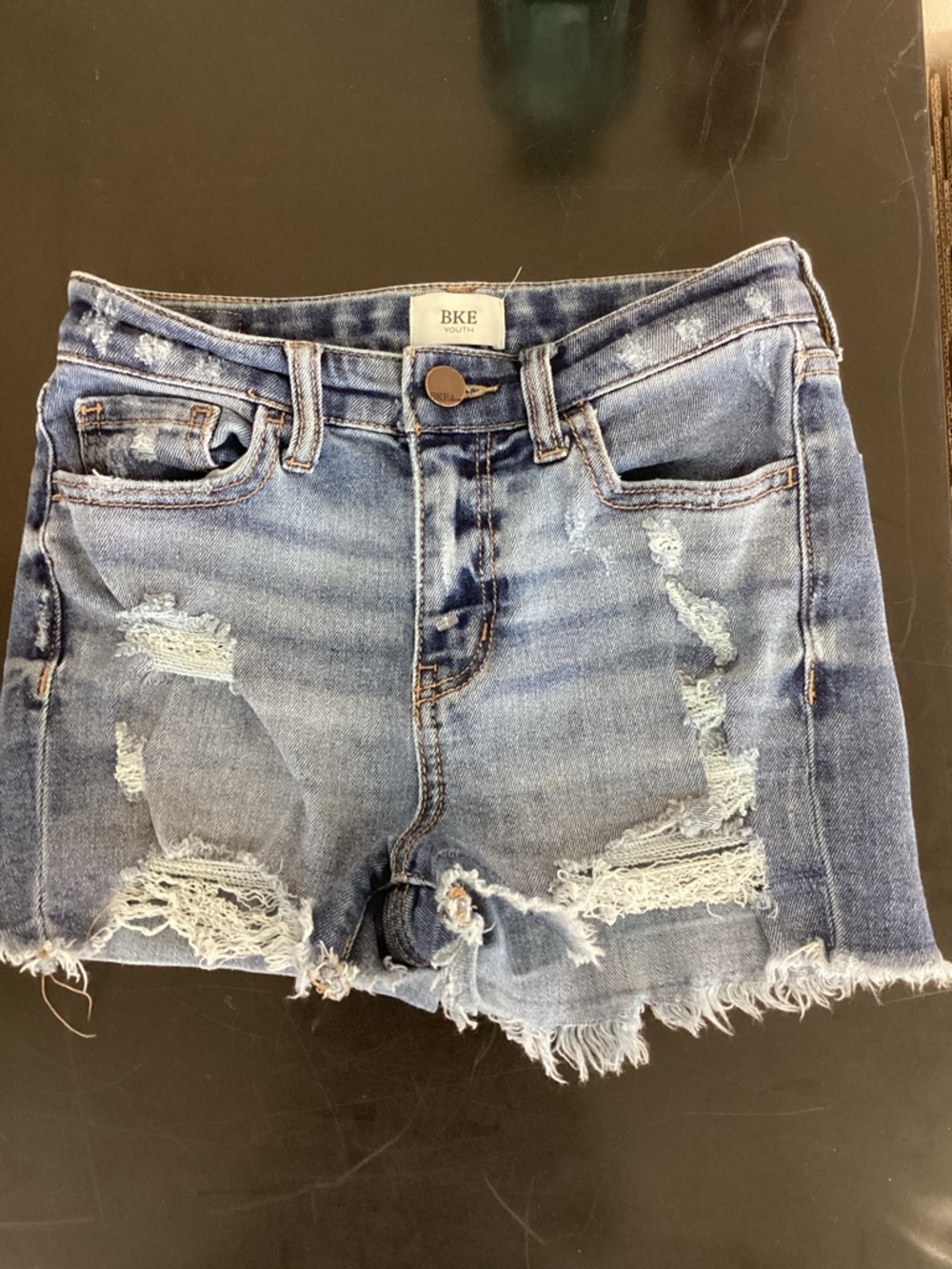 BKE Youth Girls  Distressed Denim Shorts in Medium Blue Adjustable Waist
